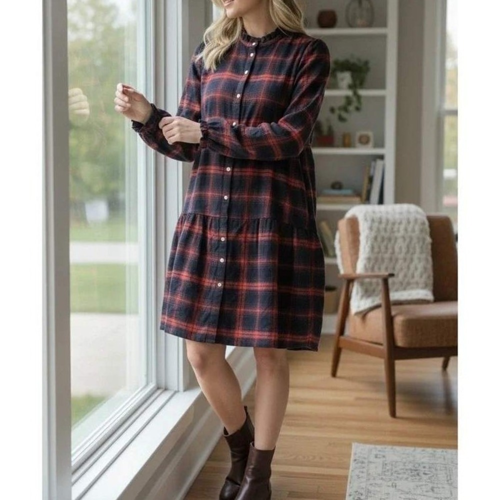 LOFT Plaid Ruffle Collar Button Front Tiered Mini Dress Orange Navy XS